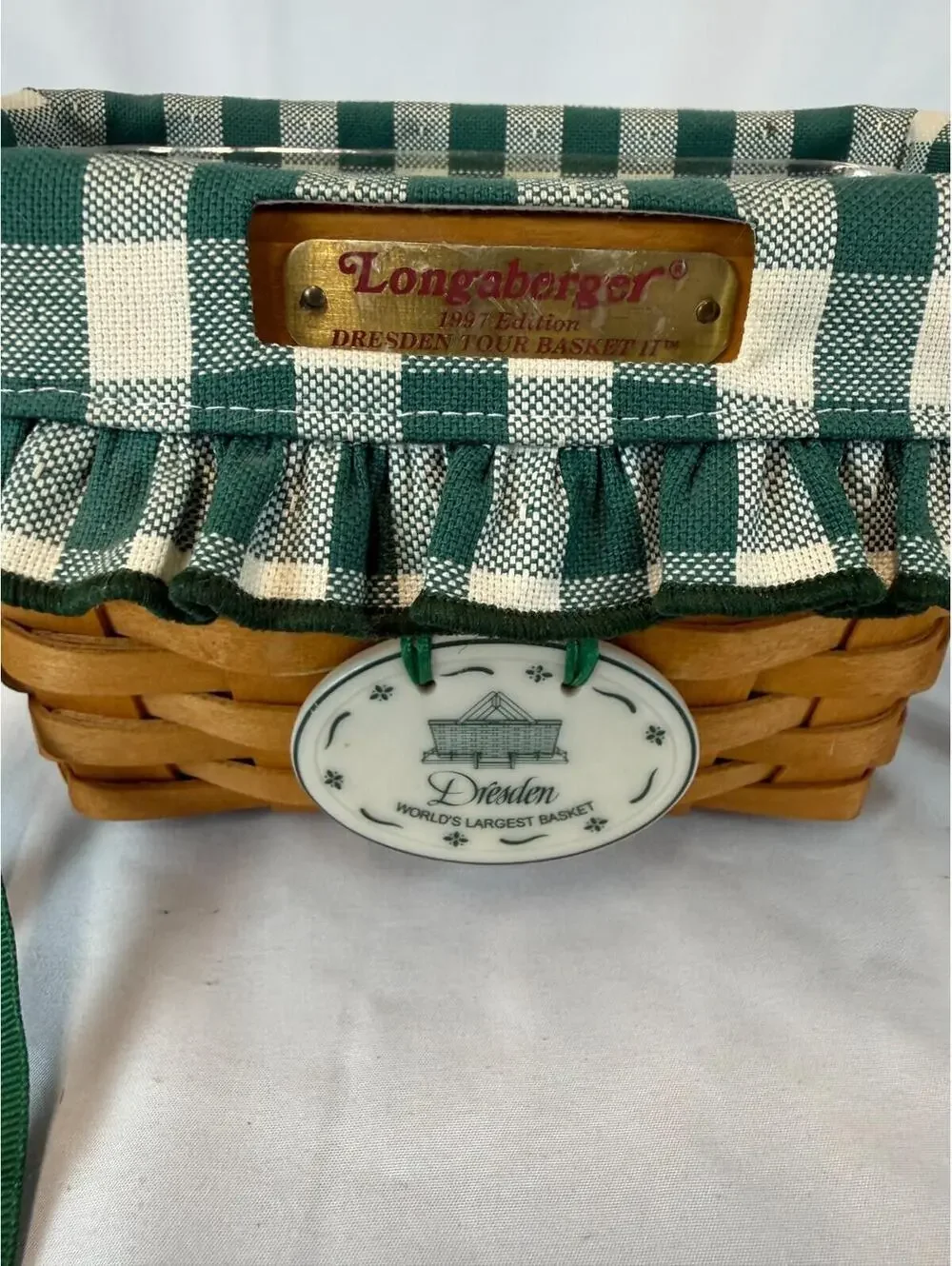 1996 Longaberger Dresden Tour Basket II w/Greed Plaid Liner, Protector & Tie-On
